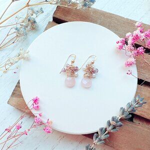 New Rose Quartz with Tiny Gemstones Cluster Earrings | Handmade in BC